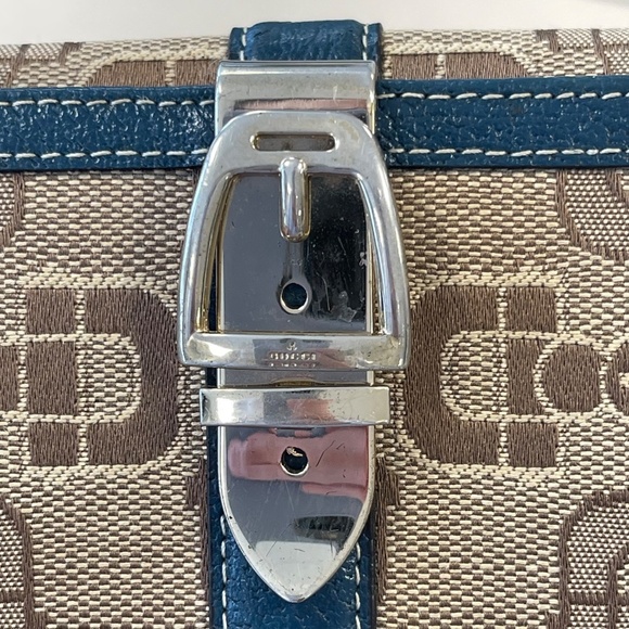 Gucci Horsebit Brown Canvas Buckle Compact Wallet w/ Navy Leather Trim- Preowned - Picture 3 of 14